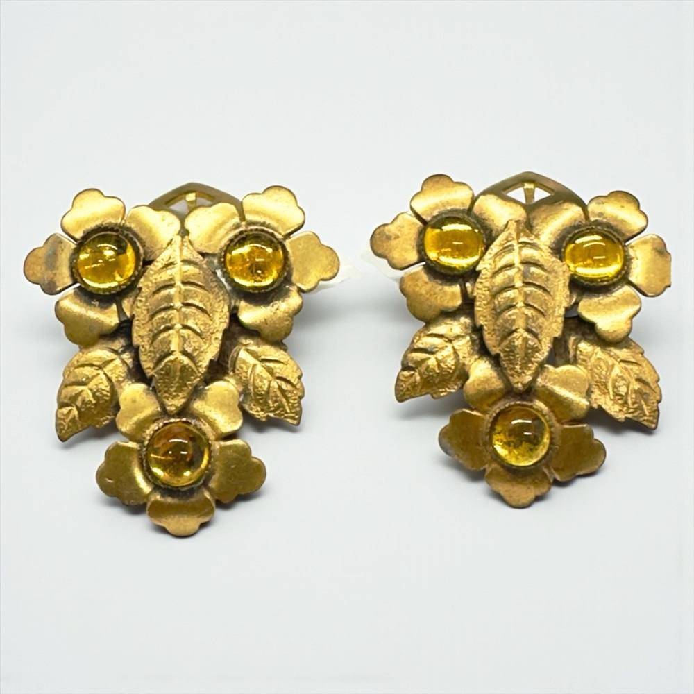Vintage Art Deco Brass & Amber Cabochon Dress Clips